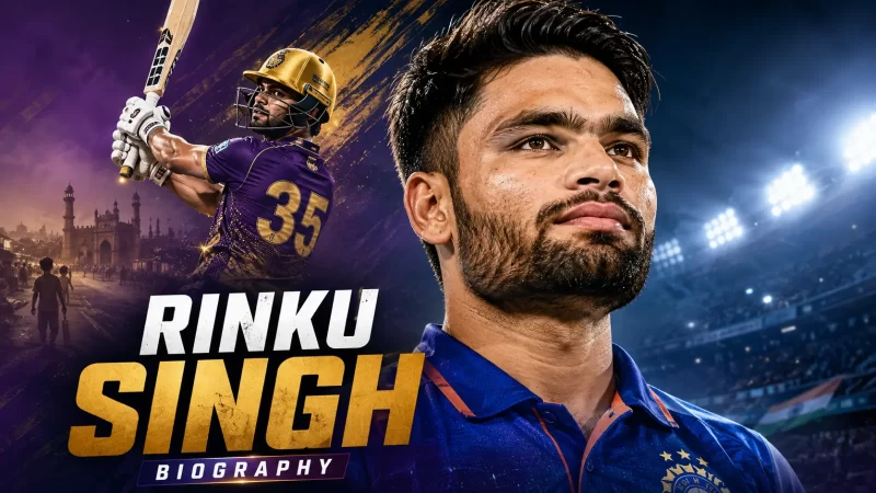 Rinku Singh biography graphic showing the India batter in national colours and playing for Kolkata Knight Riders in jersey number 35.