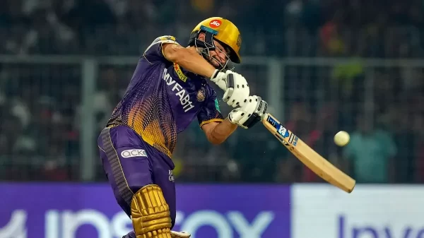 Rinku Singh batting aggressively for Kolkata Knight Riders during an Indian Premier League match.