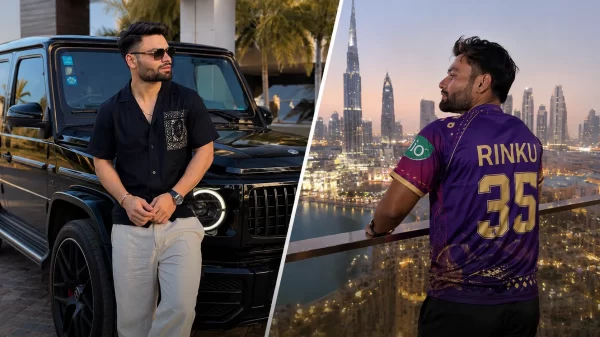 Illustrative collage of Rinku Singh beside a luxury SUV and wearing his Kolkata Knight Riders jersey number 35 in Dubai.