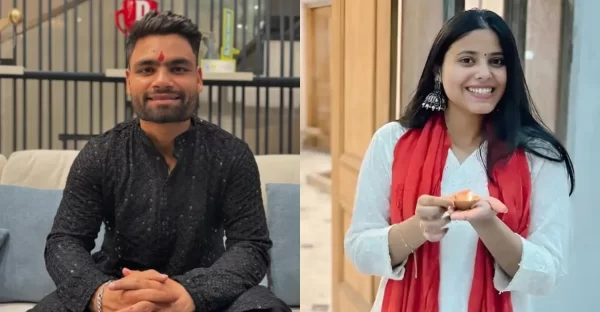 Split image of Rinku Singh in traditional clothing and his fiancée Priya Saroj holding a ceremonial lamp.