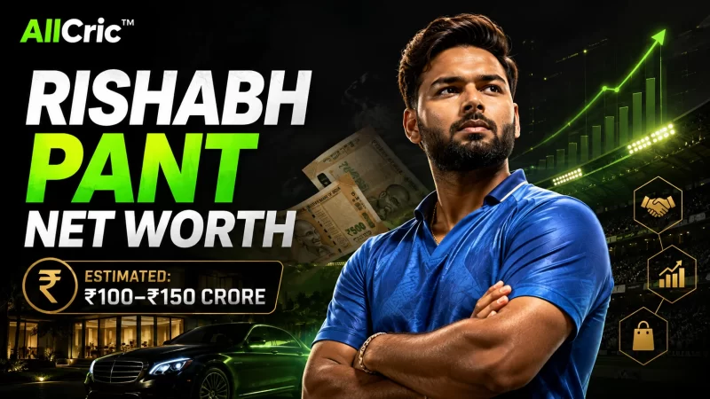 Rishabh Pant net worth 2026 graphic showing the Indian cricketer with estimated wealth of ₹100–150 crore, luxury car, earnings chart and brand deal icons.