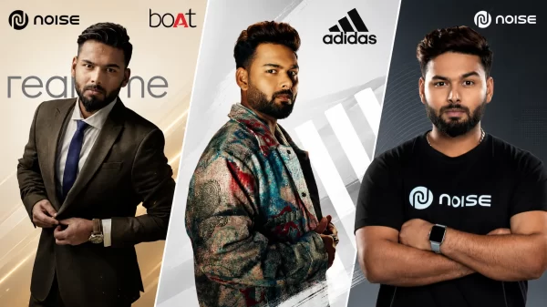 Rishabh Pant featured in a brand endorsement collage with Adidas, boAt, Noise and Realme logos.