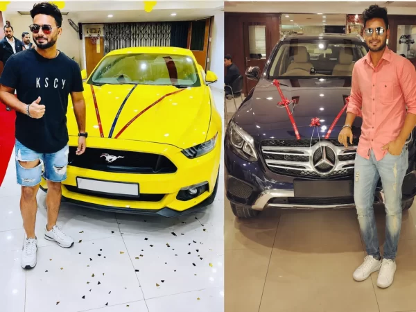 Rishabh Pant posing beside a yellow Ford Mustang and a Mercedes-Benz SUV from his luxury car collection.
