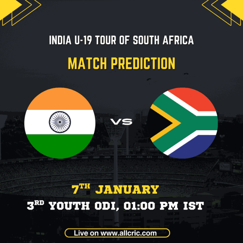India U-19 vs South Africa U-19 match prediction graphic for the 3rd Youth ODI at Willowmoore Park, Benoni, showing team flags, match date 7 January 2026 and time 1:00 PM IST, featuring ind vs sa today match prediction, ind vs sa match prediction, ind vs sa Dream11 prediction today match, and ind vs sa win probability.