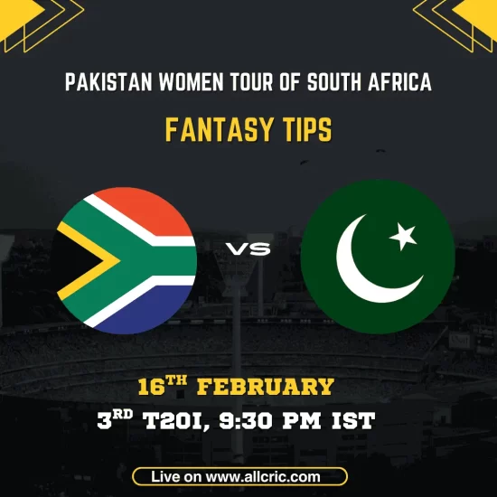 South Africa Women vs Pakistan Women 3rd T20I fantasy tips graphic featuring national flags, match details for February 16th 2026 at 9:30 PM IST at Diamond Oval Kimberley, with Dream11 team suggestions and fantasy cricket tips for Pakistan Women tour of South Africa