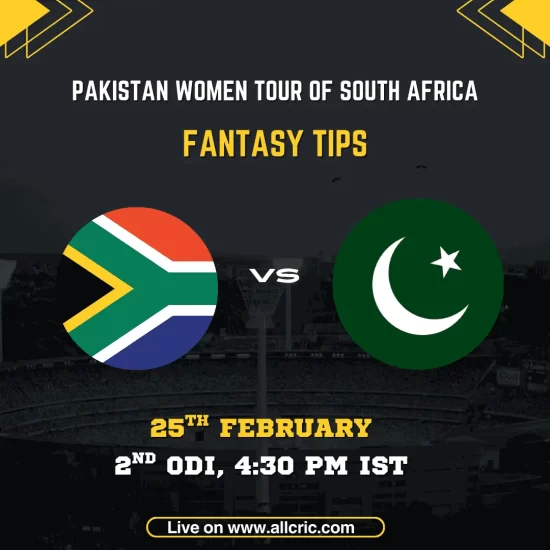 South Africa Women vs Pakistan Women 2nd ODI fantasy tips graphic featuring national flags, match details for February 25th 2026 at 4:30 PM IST at SuperSport Park Centurion, with Dream11 team suggestions and fantasy cricket tips for Pakistan Women tour of South Africa