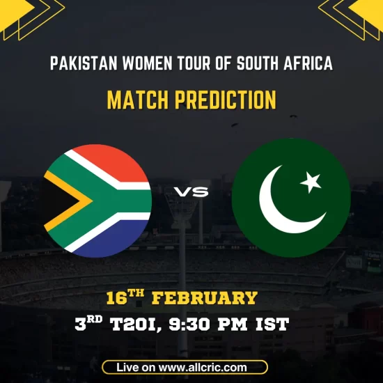South Africa Women vs Pakistan Women 3rd T20I match prediction graphic featuring national flags, match details for February 16th 2026 at 9:30 PM IST at De Beers Diamond Oval Kimberley, with Dream11 team analysis and today's match prediction