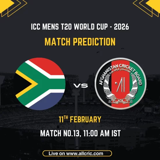 South Africa vs Afghanistan ICC Men's T20 World Cup 2026 Match 13 Group D prediction graphic featuring South Africa national flag and Afghanistan Cricket Board logo, match details for February 11th 2026 at 11:00 AM IST at Narendra Modi Stadium Ahmedabad, with Dream11 team analysis and today's match prediction