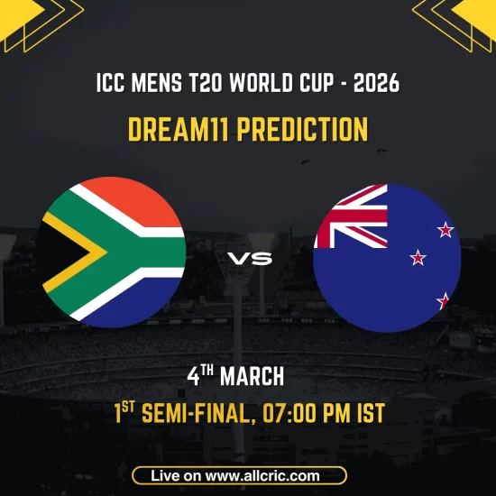 South Africa vs New Zealand ICC Men's T20 World Cup 2026 1st Semi-Final Dream11 prediction graphic featuring national flags, match details for March 4th 2026 at 7:00 PM IST at Eden Gardens Kolkata, with Dream11 team suggestions and fantasy cricket tips
