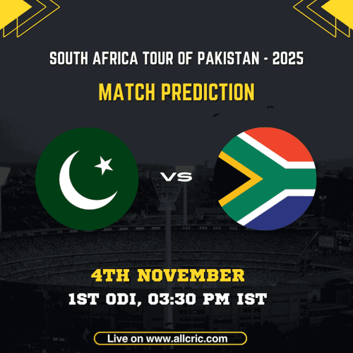 Pakistan vs South Africa 1st ODI 2025 match poster featuring national flags and match details — part of the South Africa tour of Pakistan 2025. The image highlights SA vs PAK today match prediction, showing the upcoming clash at Iqbal Stadium, Faisalabad, on November 4, 2025. Perfect for promoting SA vs PAK match prediction, Pakistan vs South Africa ODI prediction, and SA vs PAK team prediction updates.