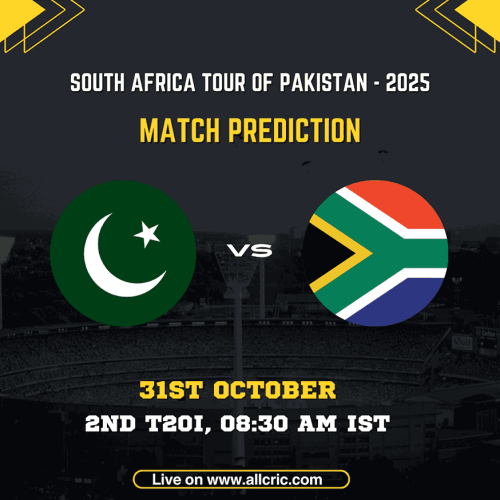 Pakistan vs South Africa 2nd T20I 2025 match graphic showing national flags, match date (31st October), time (08:30 AM IST), and venue information for the South Africa tour of Pakistan 2025. Designed for AllCric’s sa vs pak today match prediction, sa vs pak match prediction, sa vs pak prediction, pak vs sa win prediction, and sa vs pak team prediction insights.