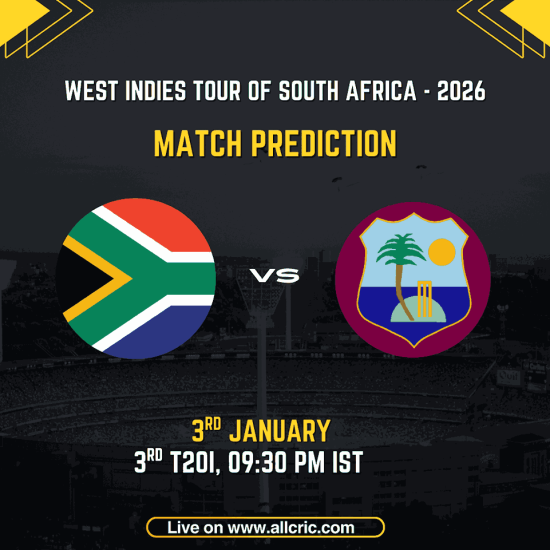 South Africa vs West Indies 3rd T20I match prediction graphic featuring national flags, match details for January 31st 2026 at 9:30 PM IST at The Wanderers Stadium Johannesburg, with Dream11 team analysis and today's match prediction