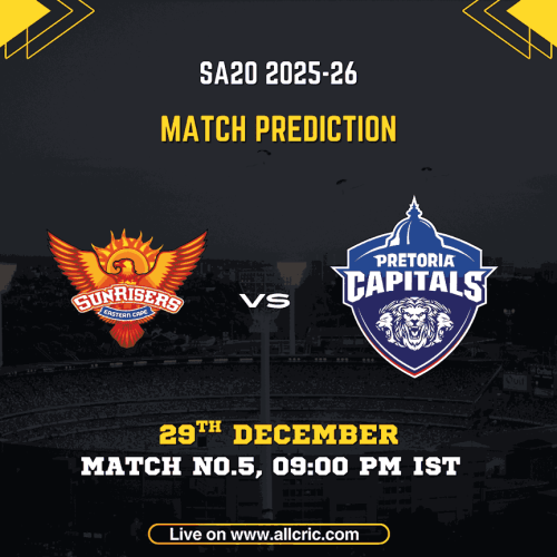 SEC vs PC Dream11 prediction today match for SA20 2025-26 Match 5 – Sunrisers Eastern Cape vs Pretoria Capitals match prediction, probable playing XI, pitch report, toss update, winning probability, and Dream11 team tips at St George’s Park.