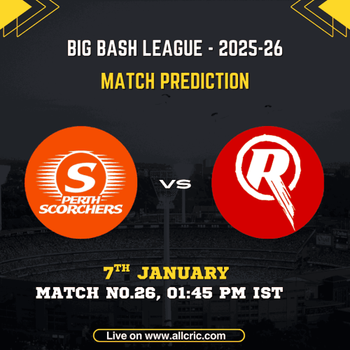 Big Bash League 2025–26 Match 26 prediction graphic of Perth Scorchers vs Melbourne Renegades at Optus Stadium, featuring sco vs ren match prediction, sco vs ren dream11 prediction, and sco vs ren dream11 team today with match time 7 January 2026, 1:45 PM IST.