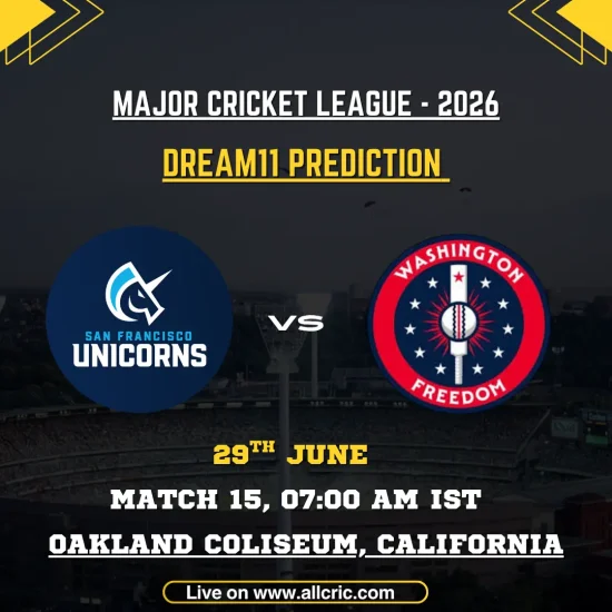 SFU vs WF Dream11 prediction today match graphic for Major League Cricket 2026 Match 15 featuring San Francisco Unicorns vs Washington Freedom at Oakland Coliseum, with Dream11 team prediction, captain picks, and fantasy tips.