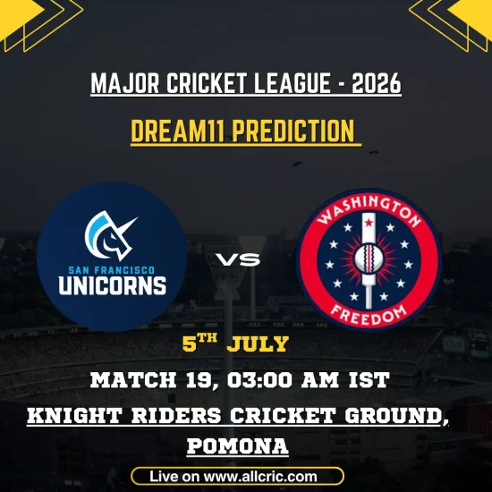 SFU vs WF Dream11 prediction today match for Major League Cricket 2026 Match 19 featuring San Francisco Unicorns vs Washington Freedom at Knight Riders Cricket Ground, Pomona, with Dream11 team prediction, captain and vice-captain picks, probable playing XI, fantasy tips, and pitch report.