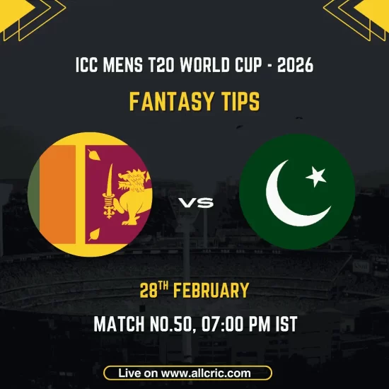 SL vs PAK Dream11 prediction today match graphic for ICC Men’s T20 World Cup 2026 Match 50 featuring Sri Lanka vs Pakistan logos at Pallekele.