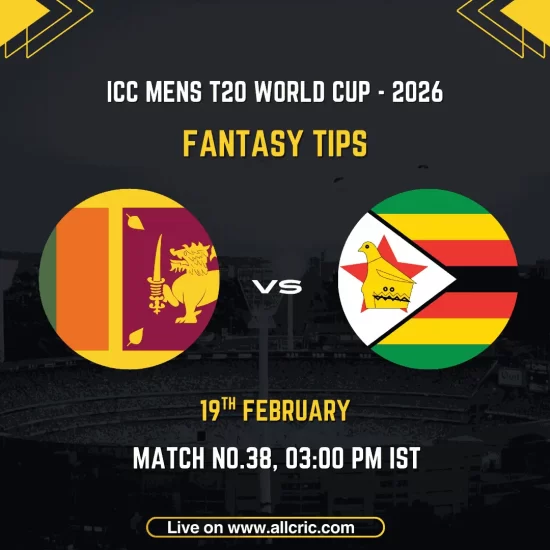 Sri Lanka vs Zimbabwe ICC Men's T20 World Cup 2026 Match 38 fantasy tips graphic featuring national flags, match details for February 19th 2026 at 3:00 PM IST at R Premadasa Stadium Colombo, with Dream11 team suggestions and fantasy cricket tips