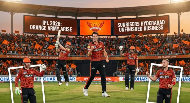 Sunrisers Hyderabad IPL 2026 promotional graphic featuring five players in orange and black SRH jerseys at Rajiv Gandhi International Cricket Stadium, with a packed Orange Army crowd behind them. Centre stage is captain Pat Cummins celebrating with a roar, flanked by Heinrich Klaasen (left, in wicketkeeping gear), Travis Head (batting follow-through), Abhishek Sharma, and Liam Livingstone (right, fist pumped). Stadium screens read "IPL 2026: Orange Army Arise" and "Sunrisers Hyderabad — Unfinished Business.