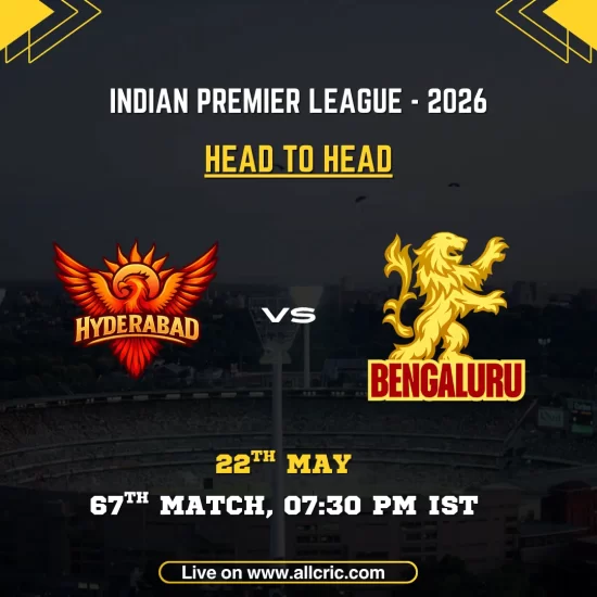 SRH vs RCB head to head today IPL 2026 poster featuring Sunrisers Hyderabad vs Royal Challengers Bengaluru, 67th match on May 22 at 7:30 PM IST.