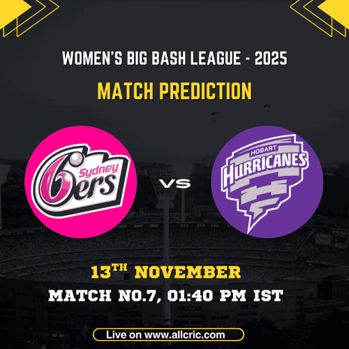 SS-W vs HH-W WBBL 2025 match poster featuring Sydney Sixers Women and Hobart Hurricanes Women team logos with match details — 13th November 2025, 1:40 PM IST, North Sydney Oval. Ideal for ss w vs hh w dream11 prediction, ss w vs hh w today match prediction, ss w vs hh w match prediction, ss w vs hh w prediction, ss w vs hh w win prediction, and ss w vs hh w team prediction content.