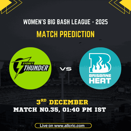 ST-W vs BH-W Today Match Prediction graphic for WBBL 2025 featuring Sydney Thunder Women and Brisbane Heat Women logos for Match 35 on 3rd December at 1:40 PM IST. Includes key details for ST W vs BH W Dream11 prediction, ST W vs BH W match prediction, and win prediction insights.