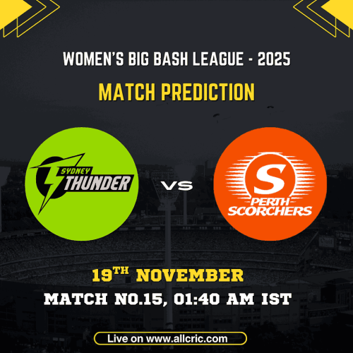 Graphic showing Sydney Thunder Women vs Perth Scorchers Women match prediction for WBBL 2025, featuring team logos, match date 19th November, and timing 01:40 AM IST — ideal for ST W vs PS W Dream11 prediction, today match prediction, and fantasy cricket insights