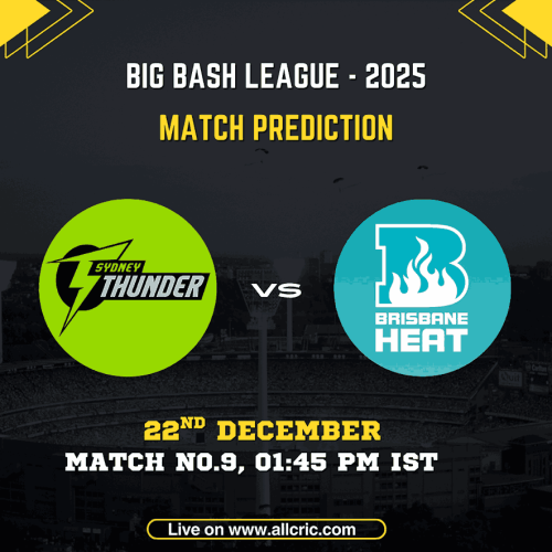 Big Bash League 2025 match prediction graphic showing Sydney Thunder vs Brisbane Heat for BBL Match 9 on 22 December, featuring THU vs HEA today match prediction, team analysis, Dream11 prediction, probable playing XI, pitch report, and match timing at Manuka Oval, Canberra.