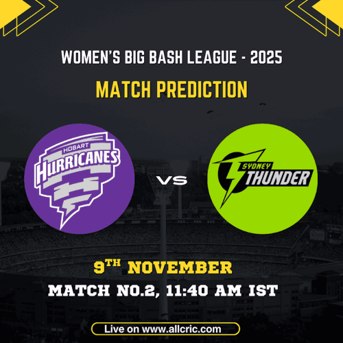 Sydney Thunder Women vs Hobart Hurricanes Women WBBL 2025 Match 2 graphic with team logos, date, and match time — ideal for ST W vs HH W today match prediction, ST W vs HH W Dream11 team, and fantasy cricket insights.