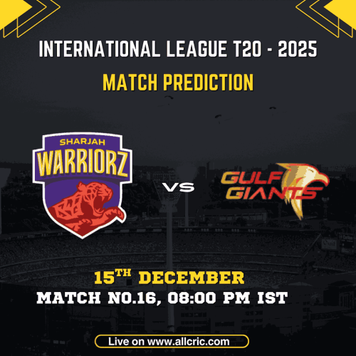 SW vs GG Dream11 prediction and match preview for ILT20 2025 Match 16 featuring Sharjah Warriorz vs Gulf Giants at Sharjah Cricket Stadium on 15 December, including today match prediction and team analysis