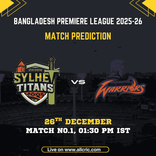 Sylhet Titans vs Rajshahi Warriors match prediction image for BPL 2025-26 Match 1, featuring SYT vs RJW Dream11 prediction, today match prediction, team prediction, date 26 December, and match details at Sylhet International Cricket Stadium.