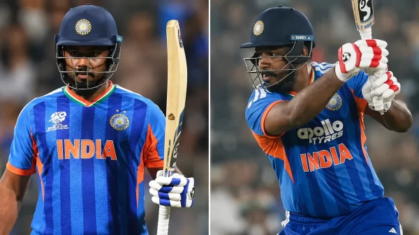 Sanju Samson in India cricket jerseys holding a bat, representing his BCCI Grade C contract and international match-fee earnings.