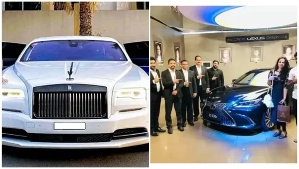Luxury car collage featuring a white Rolls-Royce and a Lexus sedan in a showroom, illustrating the Sanju Samson cars and lifestyle section.