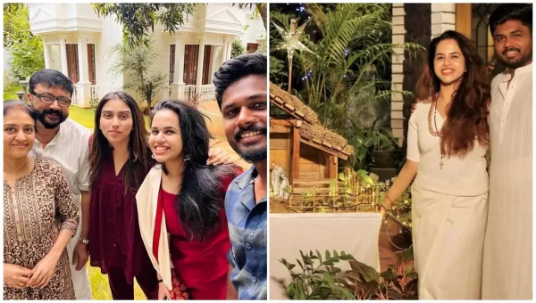 Sanju Samson with family outside a large Kerala-style residence and in a separate personal photo, illustrating his home and family life.