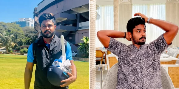 Sanju Samson net worth 2026 lifestyle collage showing the Indian cricketer with cricket gear and in a casual indoor portrait.