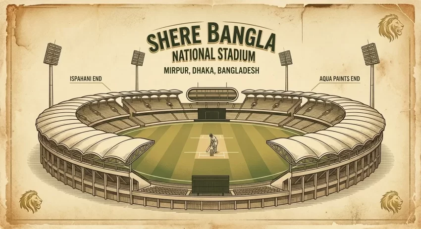 Vintage-style illustrated aerial view of Shere Bangla National Stadium, Mirpur, Dhaka, Bangladesh, showing the full ground layout with the Ispahani End and Aqua Paints End labeled, four floodlight towers, a lone batter at the crease, and decorative lion emblems in each corner on an aged parchment background.