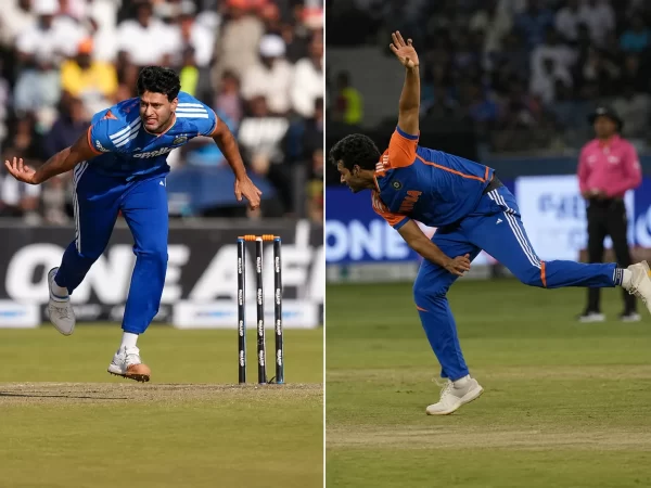 Shivam Dube bowling for India in T20 cricket, representing his BCCI Grade C contract and international career.