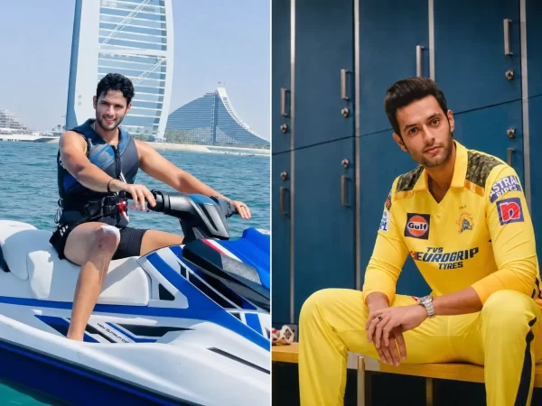 Shivam Dube pictured riding a jet ski and wearing Chennai Super Kings kit, reflecting his lifestyle and IPL career in 2026.