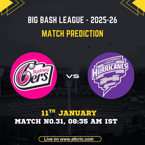 IX vs HUR match prediction graphic for Big Bash League 2025-26 Match 31 showing Sydney Sixers vs Hobart Hurricanes with SIX vs HUR Dream11 prediction and fantasy cricket team.