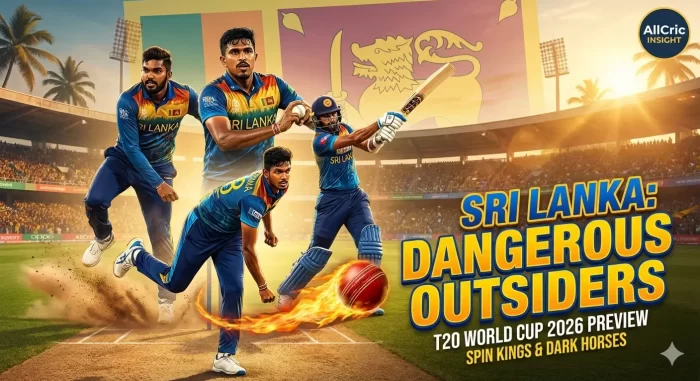 Sri Lanka cricket team ICC Men's T20 World Cup 2026 preview graphic showing players in action against stadium backdrop with national flag, featuring comprehensive SWOT analysis, match predictions, and fantasy cricket insights highlighting their spin attack and dark horse potential