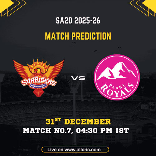 Sunrisers Eastern Cape vs Paarl Royals match prediction for SA20 2025-26 Match 7 at St George’s Park, featuring SEC vs PR Dream11 prediction, team logos, match date 31st December, and toss-based fantasy insights.