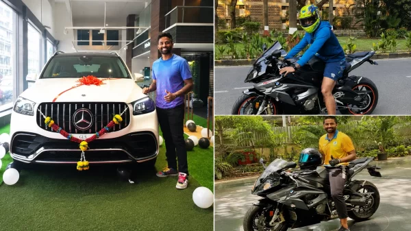 Suryakumar Yadav posing with a Mercedes-Benz GLS and BMW sports bikes from his luxury vehicle collection.