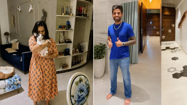 Interior views of Suryakumar Yadav’s luxury Mumbai home featuring modern rooms, elegant décor and trophy displays.