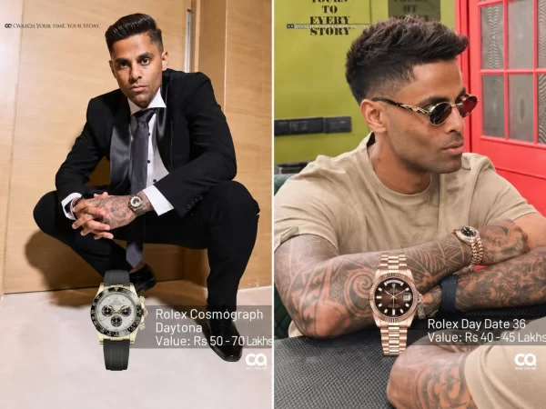 Suryakumar Yadav wearing luxury Rolex watches, including a Cosmograph Daytona and Day-Date 36.