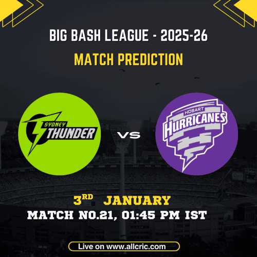Sydney Thunder vs Hobart Hurricanes match prediction graphic for Big Bash League 2025-26 Match 21, featuring team logos, match date 3rd January, and THU vs HUR Dream11 prediction details.