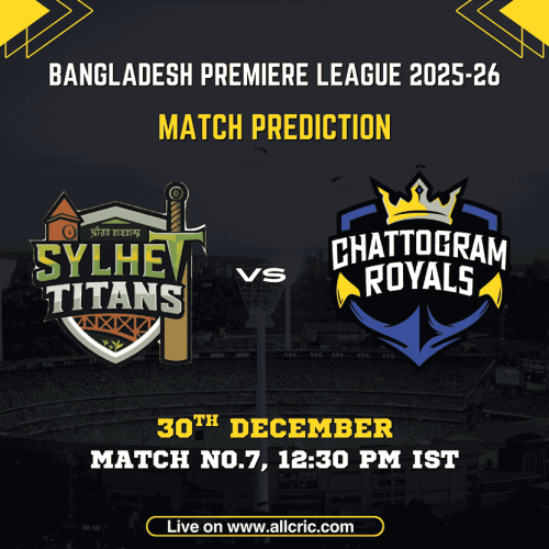 Sylhet Titans vs Chattogram Royals today match prediction for BPL 2025-26 Match 7 at Sylhet International Cricket Stadium, featuring team logos, match date 30th December, and fantasy Dream11 insights.
