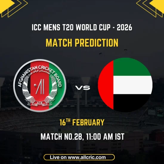 Afghanistan vs United Arab Emirates ICC Men's T20 World Cup 2026 Group D Match 28 prediction graphic featuring team logos, match details for February 16th 2026 at 11:00 AM IST at Arun Jaitley Stadium Delhi, with Dream11 team analysis and today's match prediction
