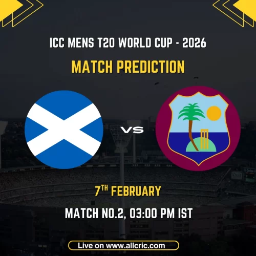 Scotland vs West Indies ICC Men's T20 World Cup 2026 Group C Match 2 prediction graphic featuring national flags, match details for February 7th 2026 at 3:00 PM IST at Eden Gardens Kolkata, with Dream11 team analysis and today's match prediction
