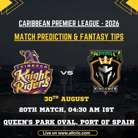 TKR vs JK today match prediction and fantasy tips for CPL 2026 Match 20, featuring Trinbago Knight Riders vs Jamaica Kingsmen at Queen’s Park Oval, Port of Spain.