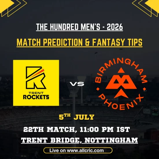 TRT vs BPH Dream11 prediction today match graphic for The Hundred Men’s 2026, featuring Trent Rockets vs Birmingham Phoenix at Trent Bridge, Nottingham with match prediction and fantasy tips.